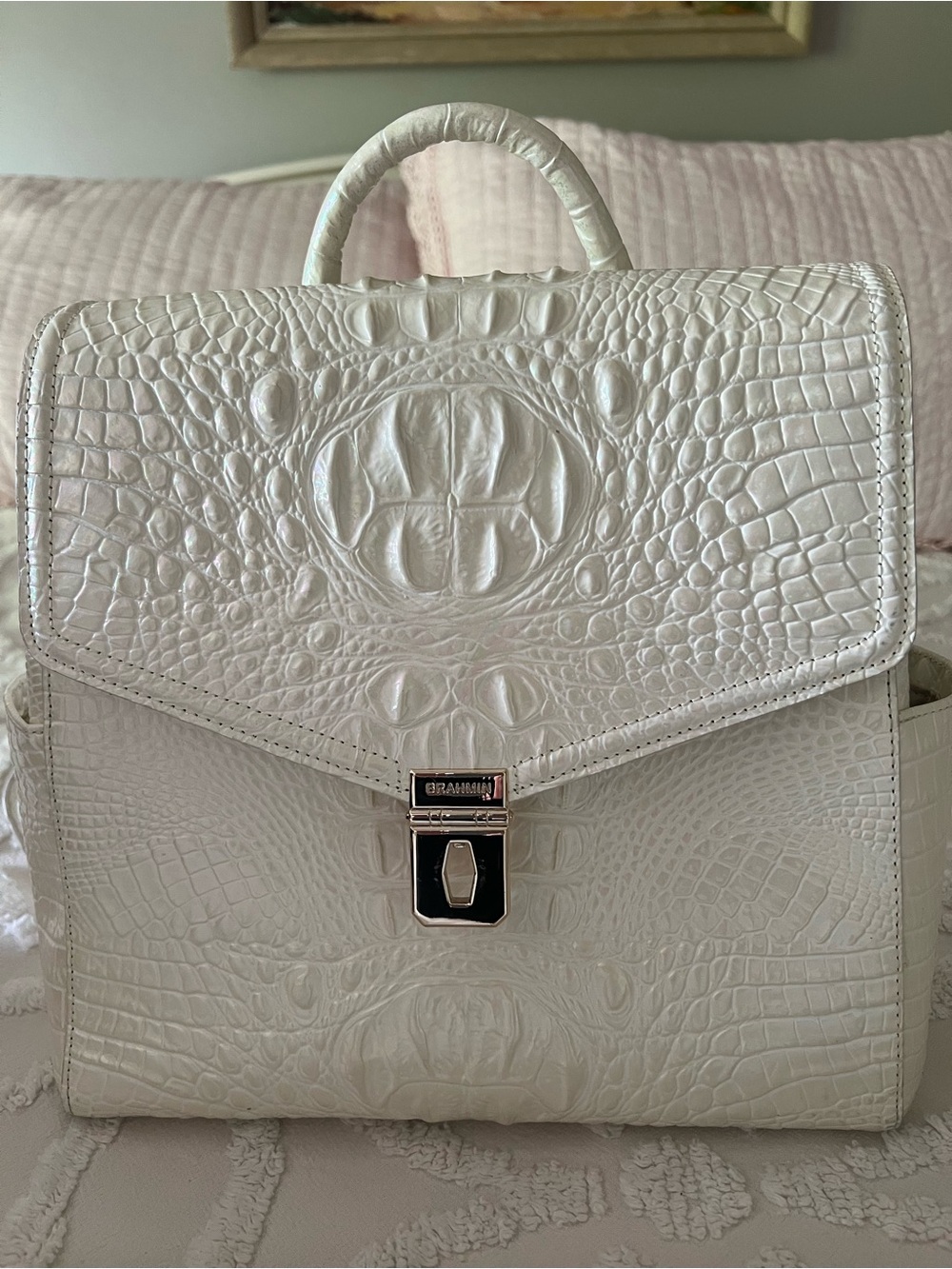 Brahmin White Croc-Embossed Leather Backpack in Milk Melbourne - Picture 2 of 6